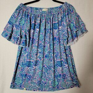 Simply Southern Womens Top Sz L Layered Flutter Sleeves Off Shoulder Option Blue